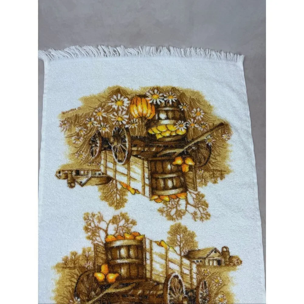 Vintage Hand Towel and Washcloth Set 1970s MCM Franco Pumpkin Wagon